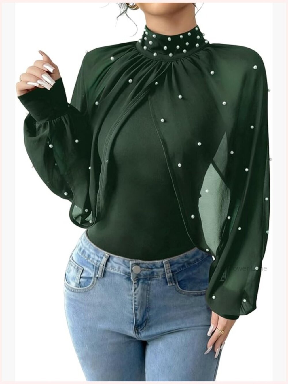 Mock Neck Pearl Crop Top Sheer Cape Blouse